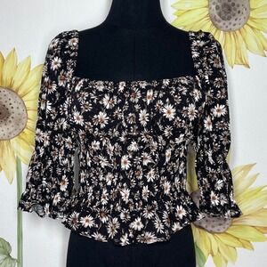 Urban Outfitters Daisy Floral Smocked Waist‎ Square Neck  Black M Y2K